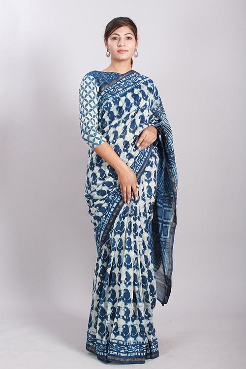 Indigo Dabu Handblock Print Chanderi Silk Saree-14