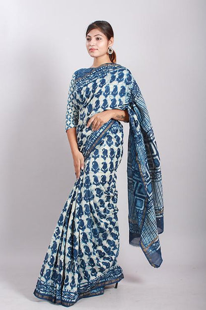 Indigo Dabu Handblock Print Chanderi Silk Saree-14