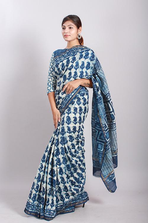Indigo Dabu Handblock Print Chanderi Silk Saree-14