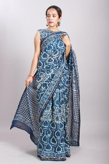 Indigo Dabu Handblock Print Chanderi Silk Saree-15