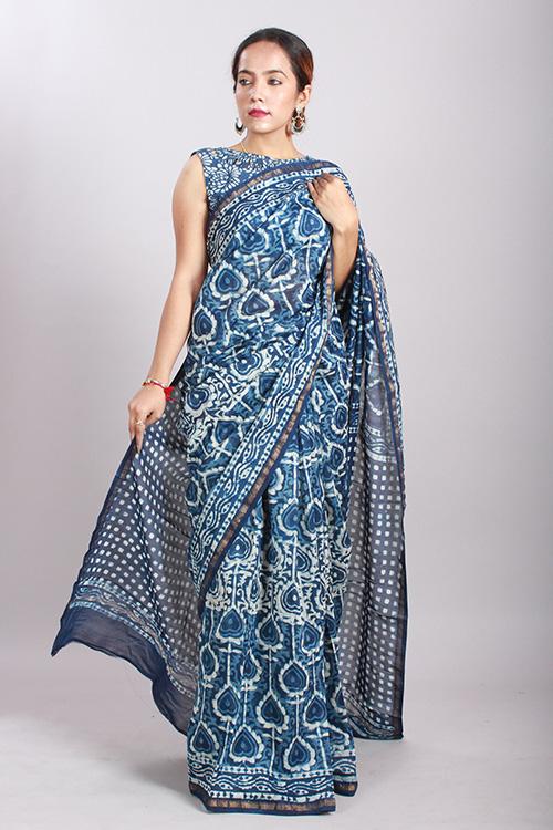 Indigo Dabu Handblock Print Chanderi Silk Saree-15