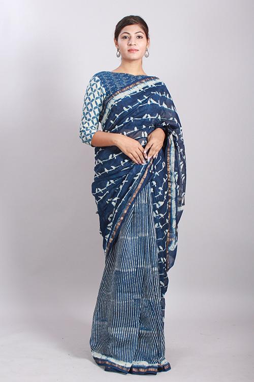 Indigo Dabu Handblock Print Chanderi Silk Saree-16