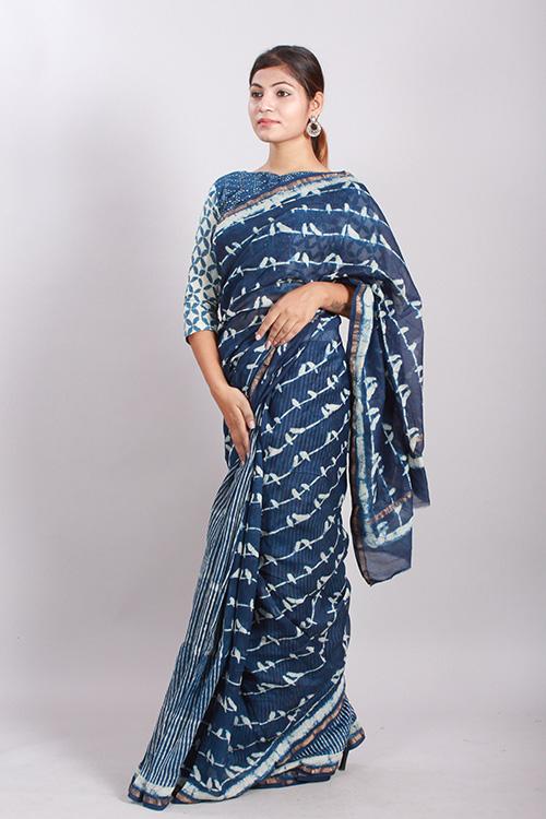 Indigo Dabu Handblock Print Chanderi Silk Saree-16