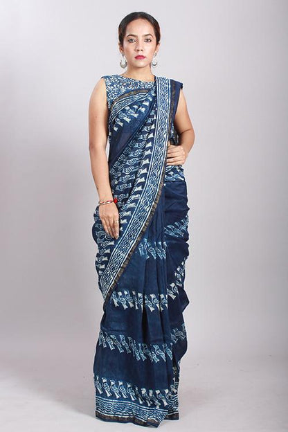 Indigo Dabu Handblock Print Chanderi Silk Saree-17