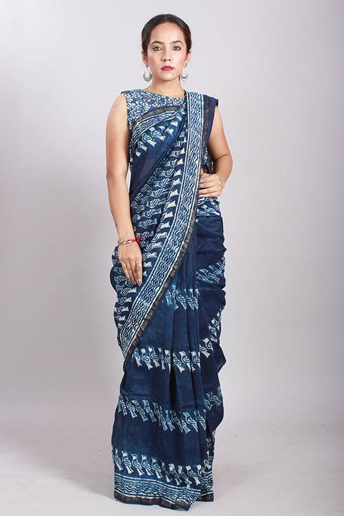 Indigo Dabu Handblock Print Chanderi Silk Saree-17