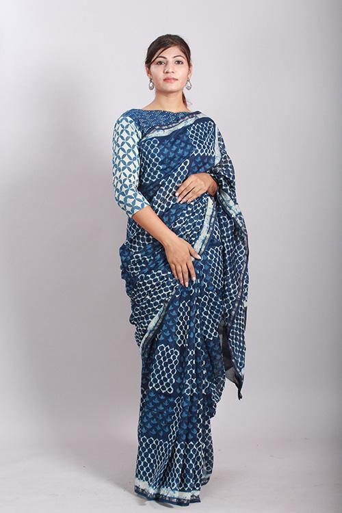 Indigo Dabu Handblock Print Chanderi Silk Saree-20