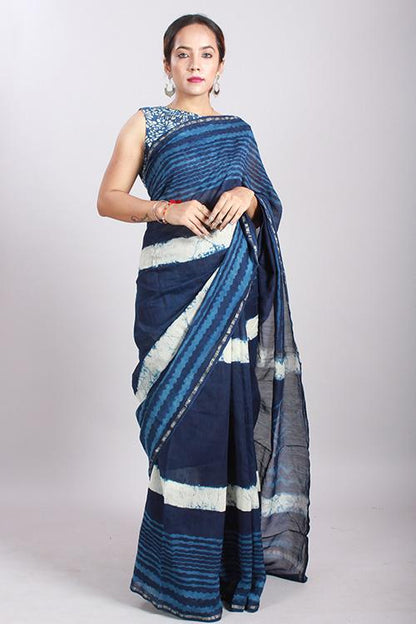 Indigo Dabu Handblock Print Chanderi Silk Saree-21