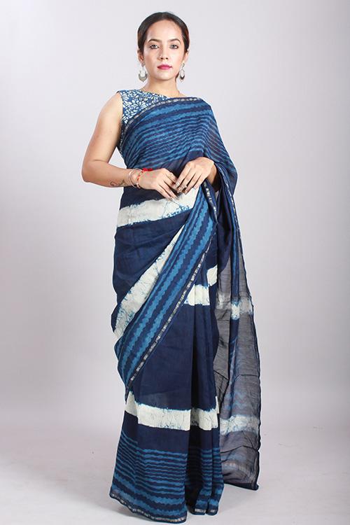 Indigo Dabu Handblock Print Chanderi Silk Saree-21