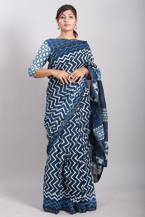 Indigo Dabu Handblock Print Chanderi Silk Saree-22