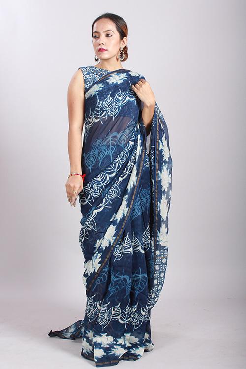 Indigo Dabu Handblock Print Chanderi Silk Saree-23