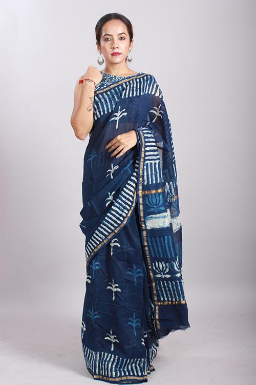 Indigo Dabu Handblock Print Chanderi Silk Saree-24
