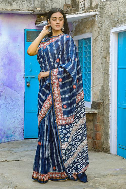 Dotting on you: DABU INDIGO Handblock Printed Chanderi Silk Saree