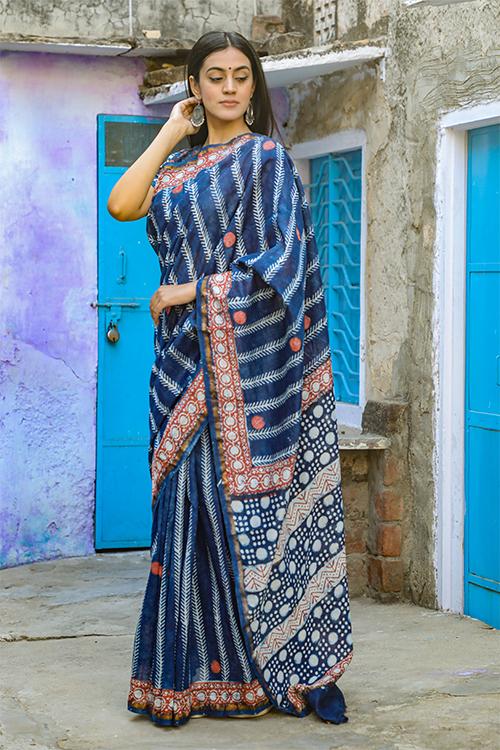 Dotting on you: DABU INDIGO Handblock Printed Chanderi Silk Saree