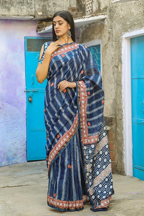 Dotting on you: DABU INDIGO Handblock Printed Chanderi Silk Saree