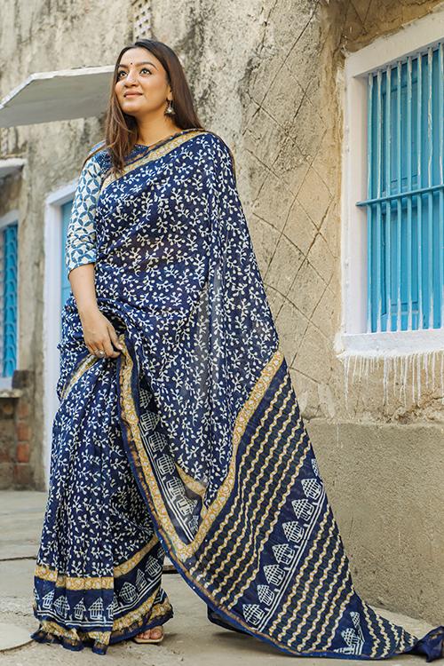 Home Sweet Home: DABU INDIGO Handblock Printed Chanderi Silk Saree