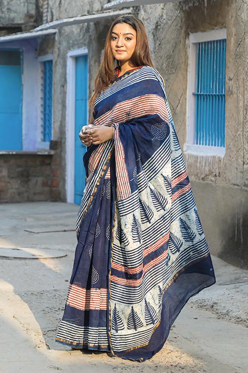 Peepal & Pine : DABU INDIGO Handblock Printed Chanderi Silk Saree