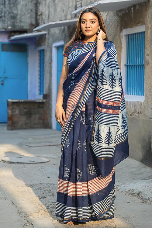 Peepal & Pine : DABU INDIGO Handblock Printed Chanderi Silk Saree