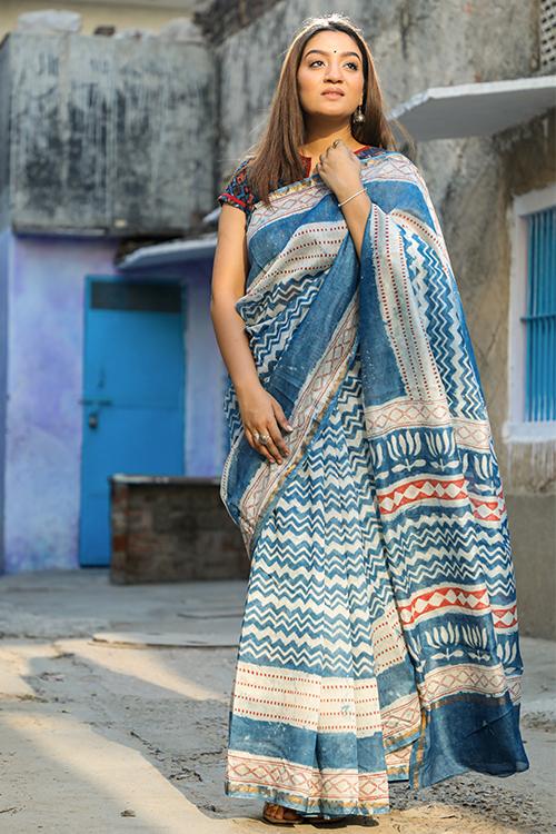 Keeping it Light: DABU INDIGO Handblock Printed Chanderi Silk Saree