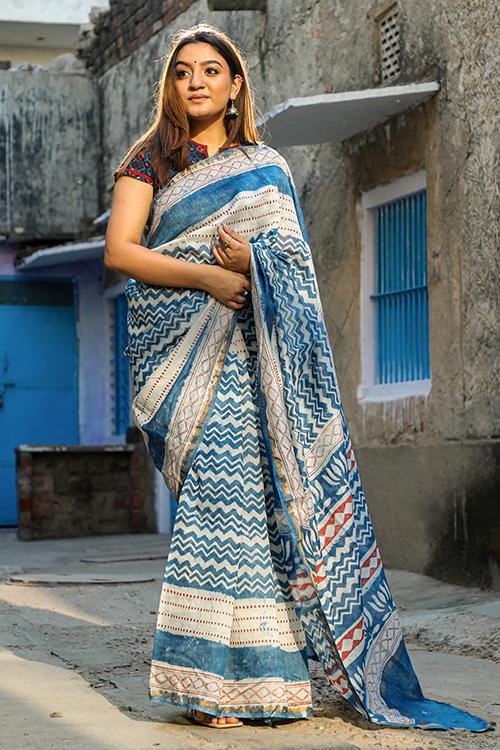 Keeping it Light: DABU INDIGO Handblock Printed Chanderi Silk Saree