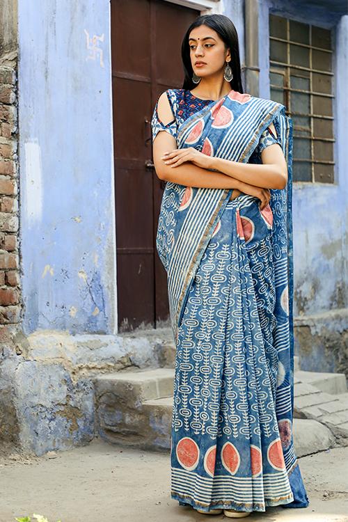 Flowers of New Times: DABU INDIGO Handblock Printed Chanderi Silk Saree