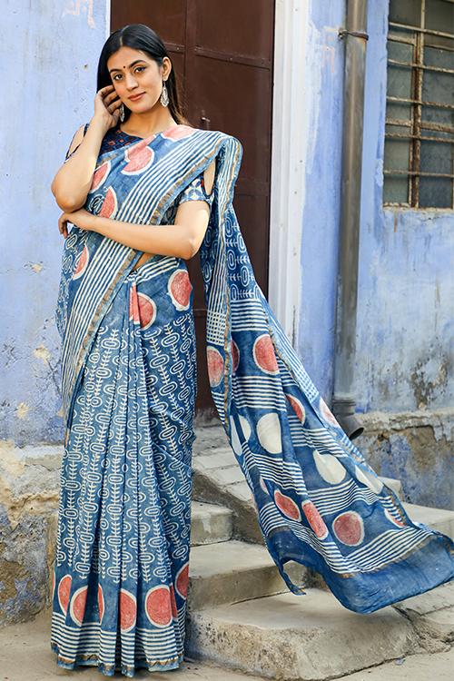Flowers of New Times: DABU INDIGO Handblock Printed Chanderi Silk Saree