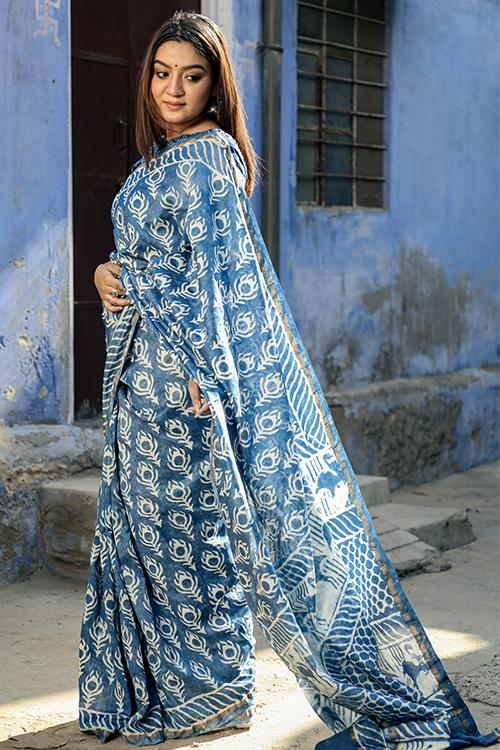 Morpankhi & More : DABU INDIGO Handblock Printed Chanderi Silk Saree