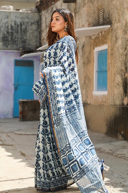 Paisleys Please: DABU INDIGO Handblock Printed Chanderi Silk Saree