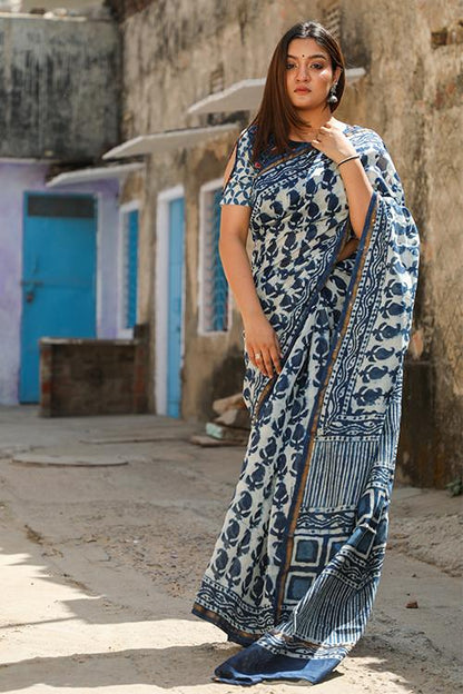 Paisleys Please: DABU INDIGO Handblock Printed Chanderi Silk Saree
