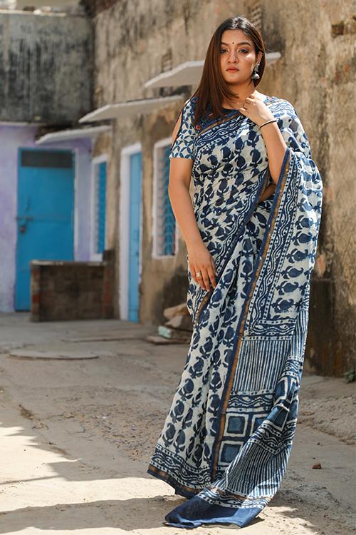 Paisleys Please: DABU INDIGO Handblock Printed Chanderi Silk Saree