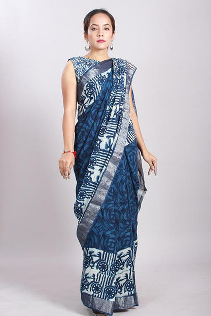 Indigo Dabu Handblock Print Slub Cotton Saree-13