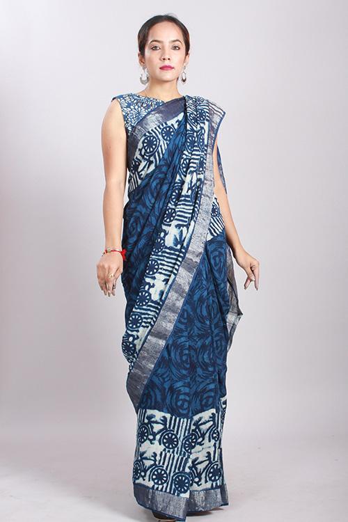 Indigo Dabu Handblock Print Slub Cotton Saree-13
