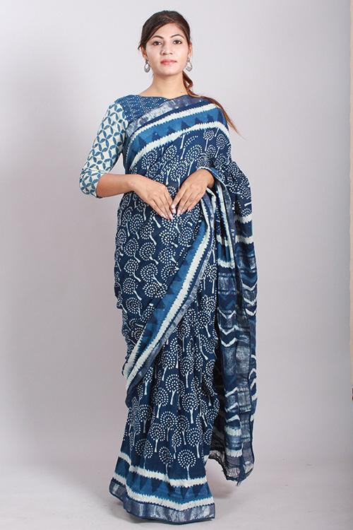Indigo Dabu Handblock Print Slub Cotton Saree-14