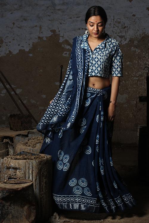 Glory : DABU INDIGO Handblock Printed Slub Cotton Saree