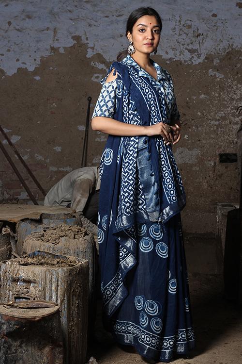 Glory : DABU INDIGO Handblock Printed Slub Cotton Saree