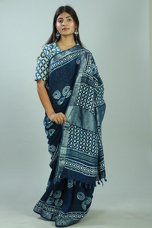 Indigo Dabu Handblock Print Slub Cotton Saree-28