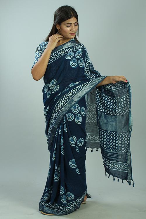 Indigo Dabu Handblock Print Slub Cotton Saree-28