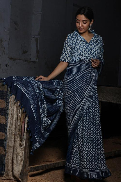 EMINENCE:DABU INDIGO Handblock Print Slub Cotton Saree