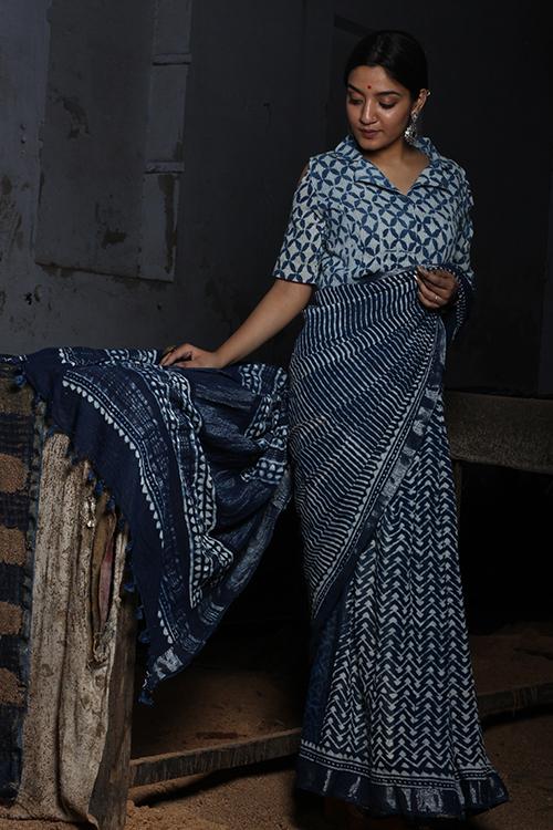 EMINENCE:DABU INDIGO Handblock Print Slub Cotton Saree