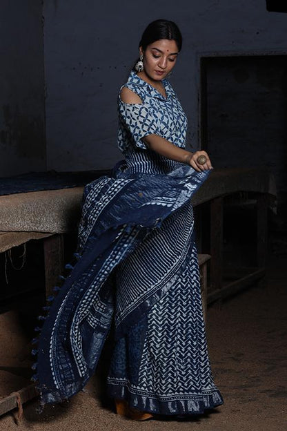 EMINENCE:DABU INDIGO Handblock Print Slub Cotton Saree