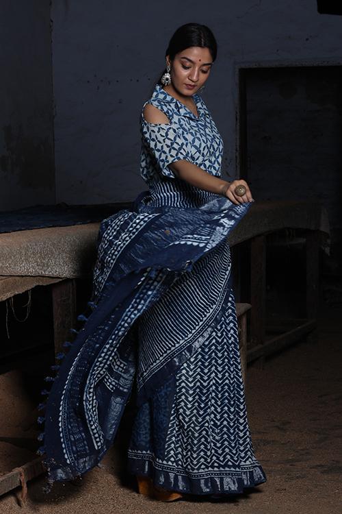 EMINENCE:DABU INDIGO Handblock Print Slub Cotton Saree