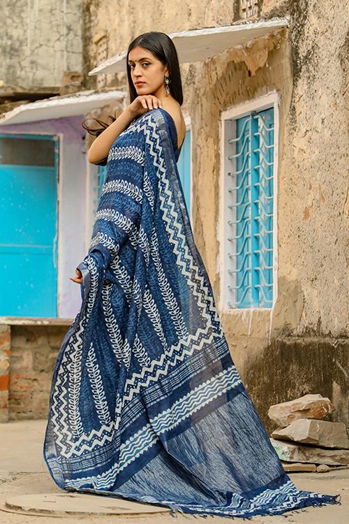 Ekparna: Life in a leaf : DABU INDIGO Handblock Printed Slub Cotton Saree
