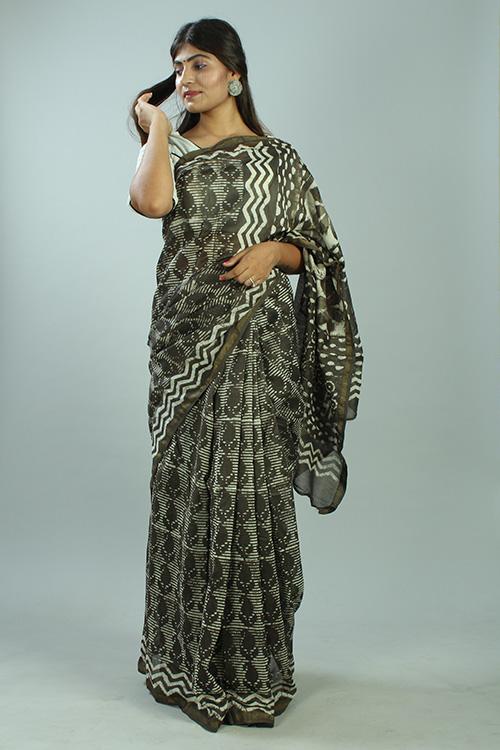 Kashish Dabu Handblock Print Chanderi Silk Saree-35