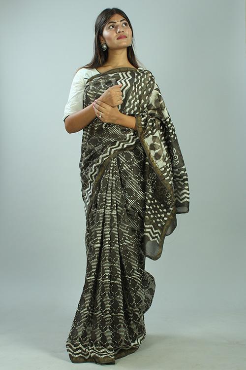 Kashish Dabu Handblock Print Chanderi Silk Saree-35
