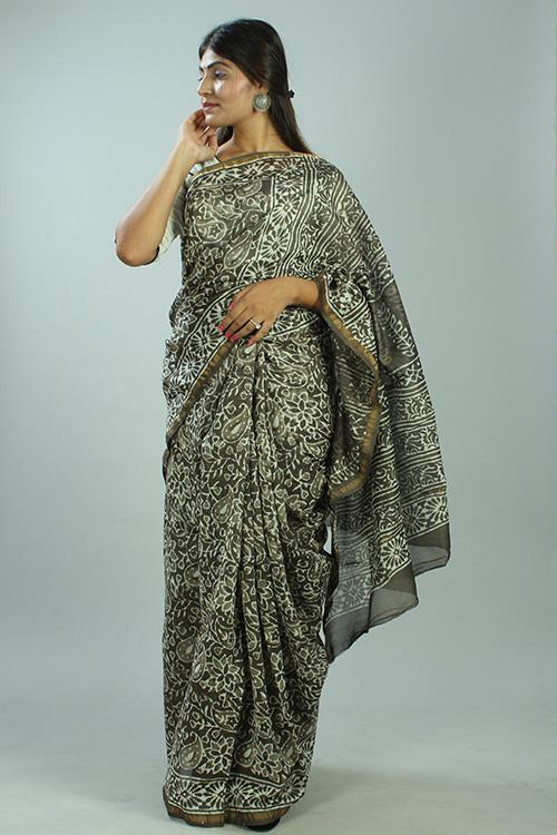 Kashish Dabu Handblock Print Chanderi Silk Saree-36