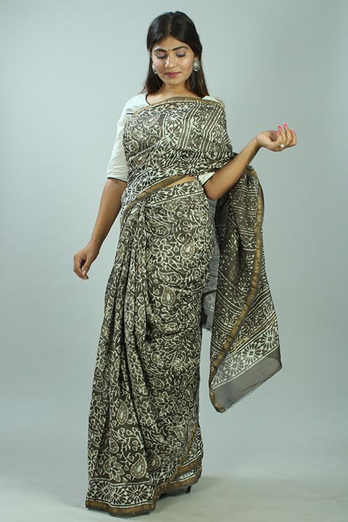 Kashish Dabu Handblock Print Chanderi Silk Saree-36