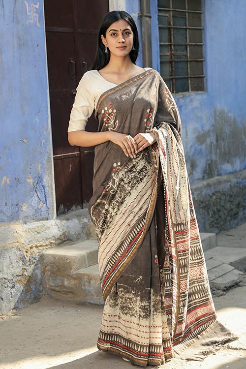 Pankhuri's Heart : Kashish Dabu Handblock Printed Cahnderi Silk Saree
