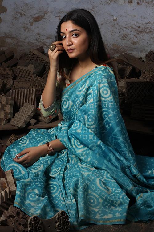 Sea Blue: Kashish Dabu Handblock Printed Chanderi Silk Saree