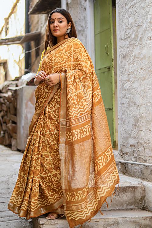 Sone ki Chidiya : Kashish Dabu Handblock Print Cotton Slub Saree
