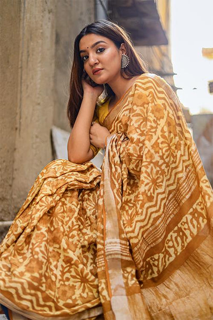 Sone ki Chidiya : Kashish Dabu Handblock Print Cotton Slub Saree