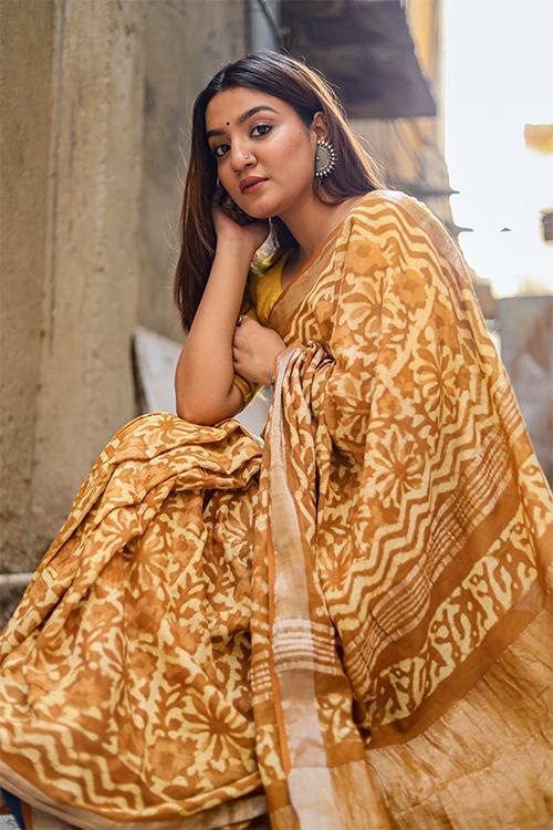 Sone ki Chidiya : Kashish Dabu Handblock Print Cotton Slub Saree